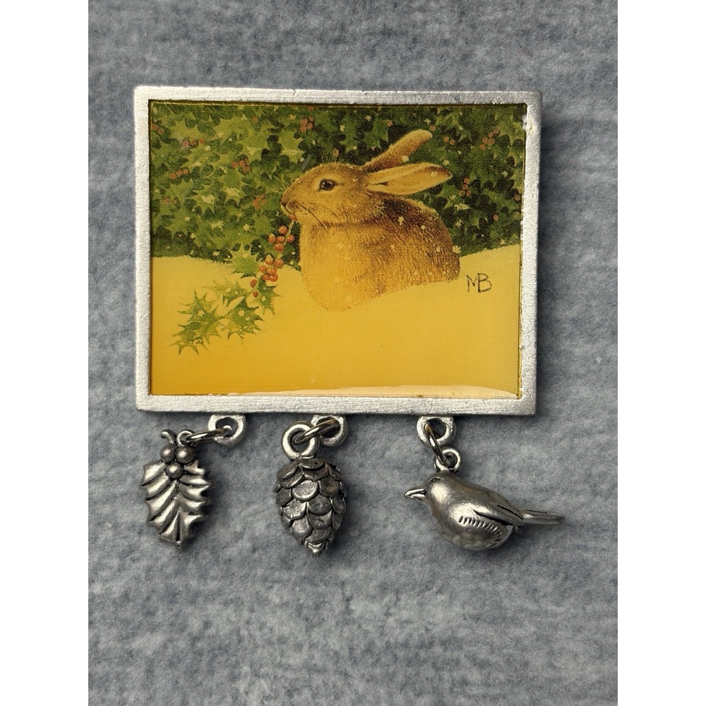 Vtg Winter Scene Brooch Marjolein Bastin Pewter Holly Bird Pinecone Charm Rabbit